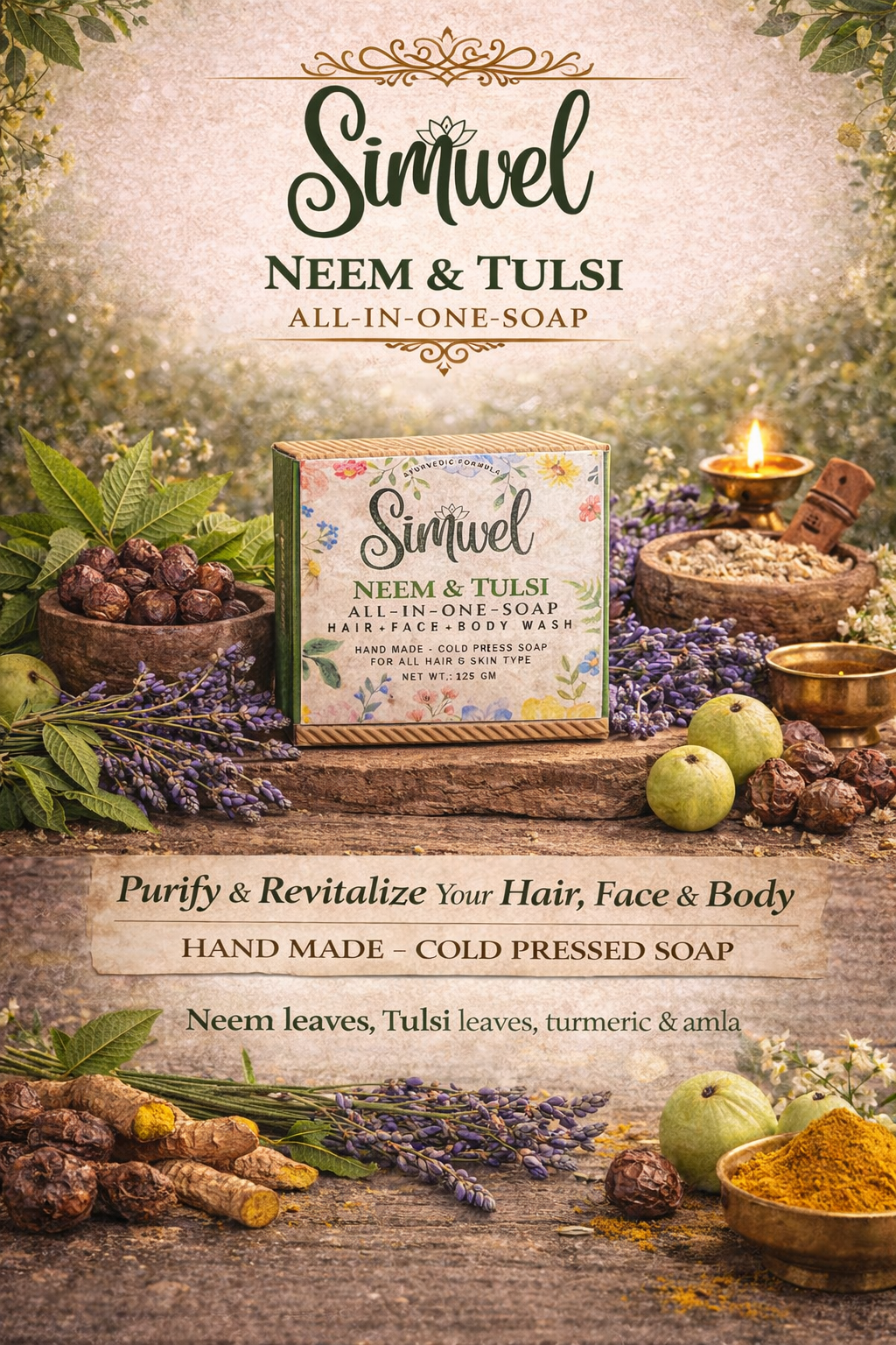 SIMWEL 3in1 Combo Pack: Chandan, Neem & Tulsi and Lavender. All-in-one-Soap (Handmade - Cold Press Soap) 125 gm x 3 pcs