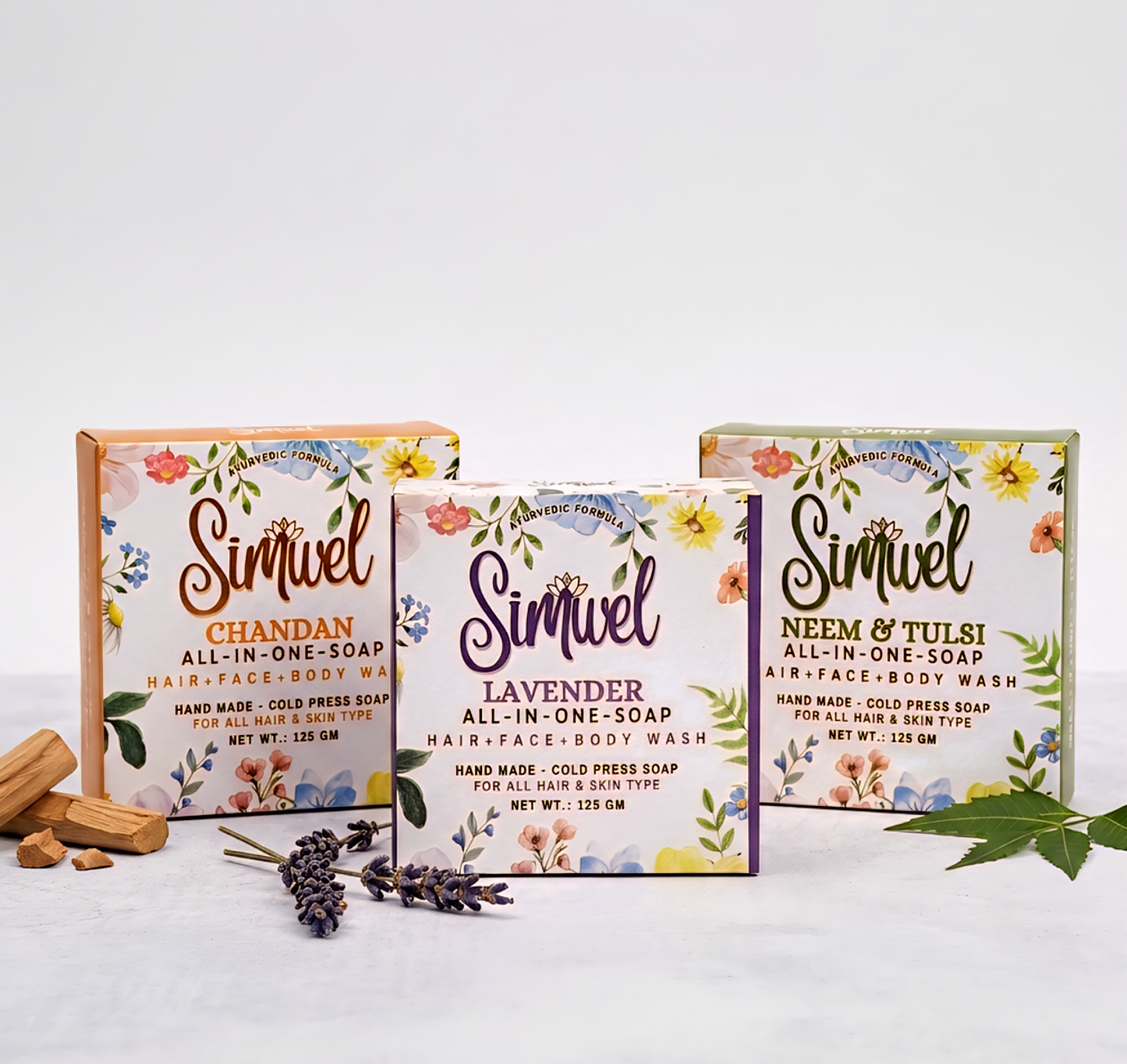SIMWEL 3in1 Combo Pack: Chandan, Neem & Tulsi and Lavender. All-in-one-Soap (Handmade - Cold Press Soap) 125 gm x 3 pcs